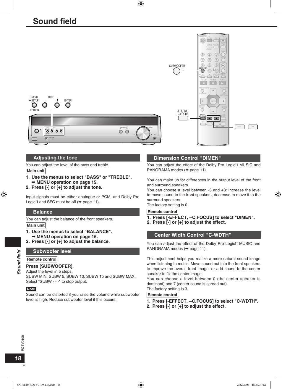 Adjusting the tone, Balance, Subwoofer level | Dimension control "dimen, Center width control "c-wdth, Sound ﬁeld, Press [subwoofer | Panasonic SAHE40 User Manual | Page 18 / 68