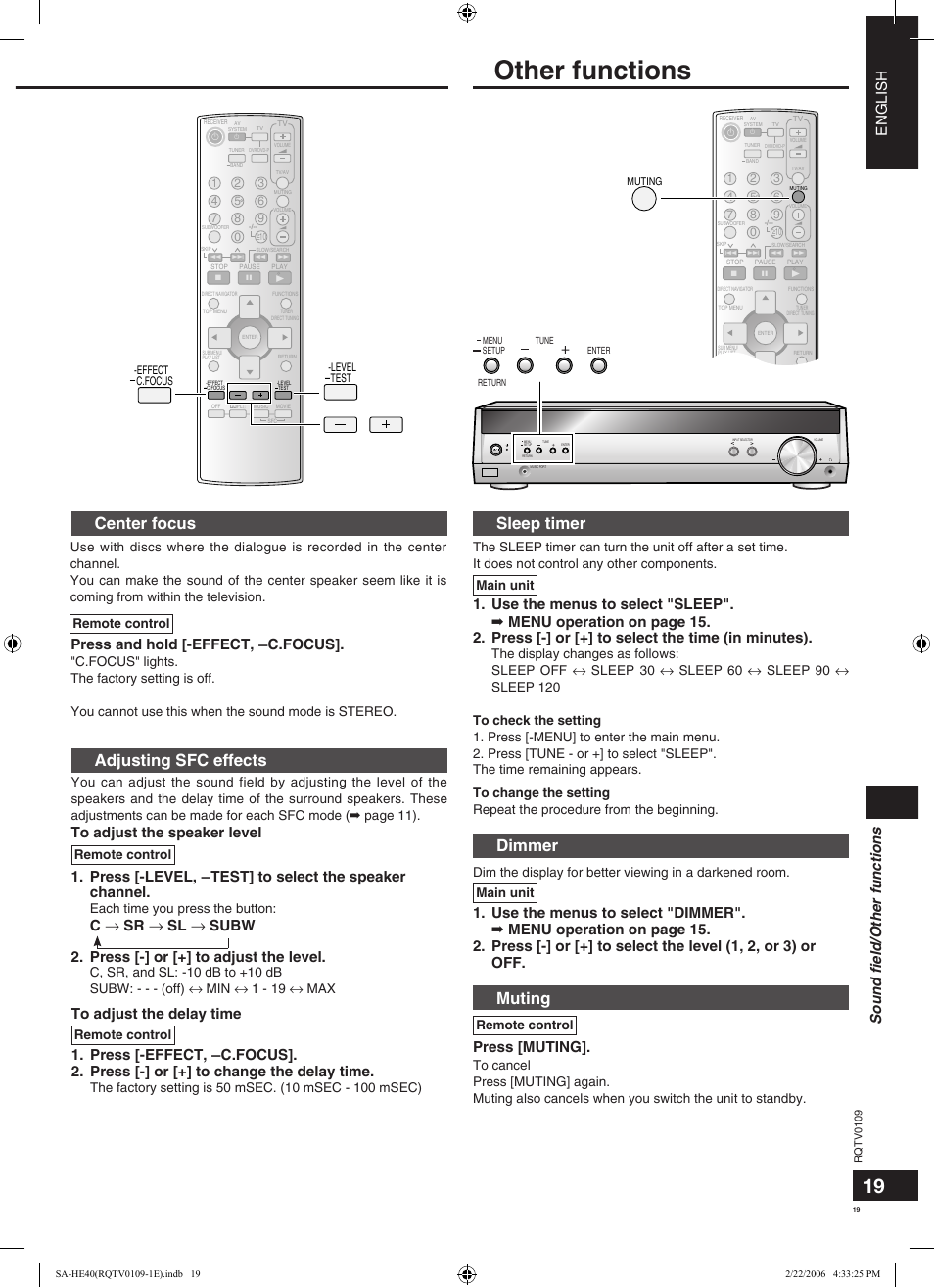 Other functions, Adjusting sfc effects, Center focus | Dimmer, Sleep timer, Muting, English sound ﬁeld/other functions, Press and hold [-effect, ―c.focus, Press [muting, Each time you press the button | Panasonic SAHE40 User Manual | Page 19 / 68