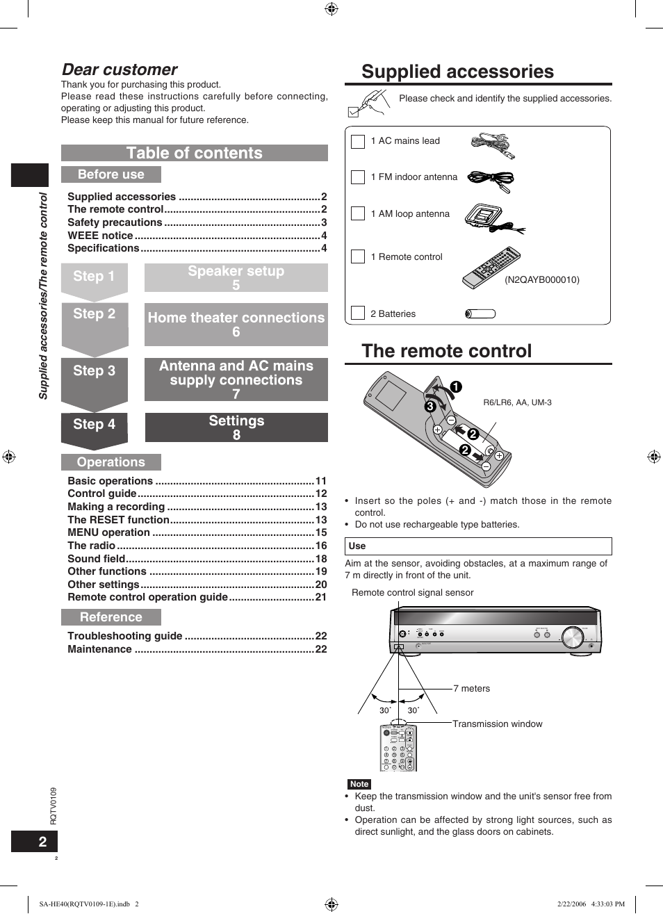 Supplied accessories, The remote control, Dear customer | Step 1 step 2 step 3, Step 4, Operations reference, Before use | Panasonic SAHE40 User Manual | Page 2 / 68