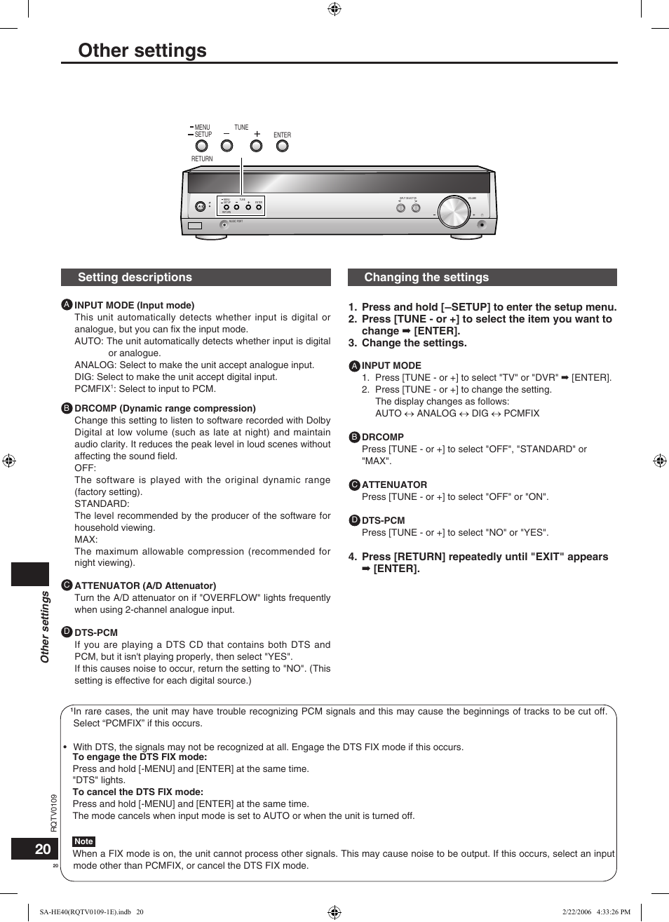 Other settings, Setting descriptions, Changing the settings | Panasonic SAHE40 User Manual | Page 20 / 68