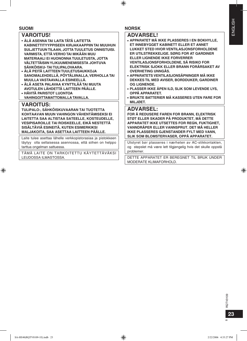 Varoitus, Advarsel | Panasonic SAHE40 User Manual | Page 23 / 68