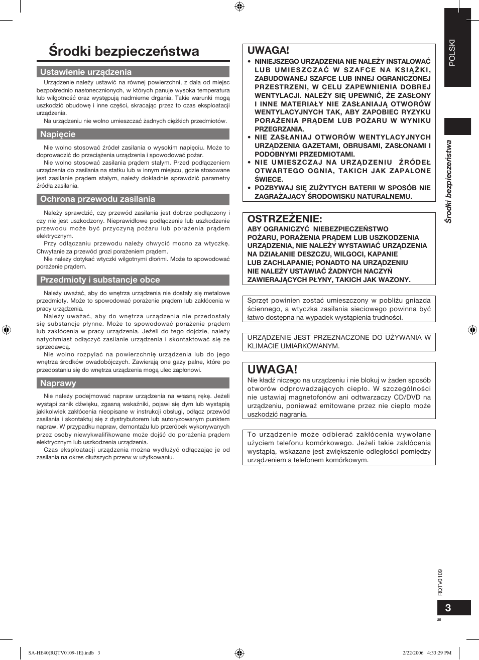 Środki bezpieczeñstwa, Uwaga, Ostrze¯enie | Panasonic SAHE40 User Manual | Page 25 / 68