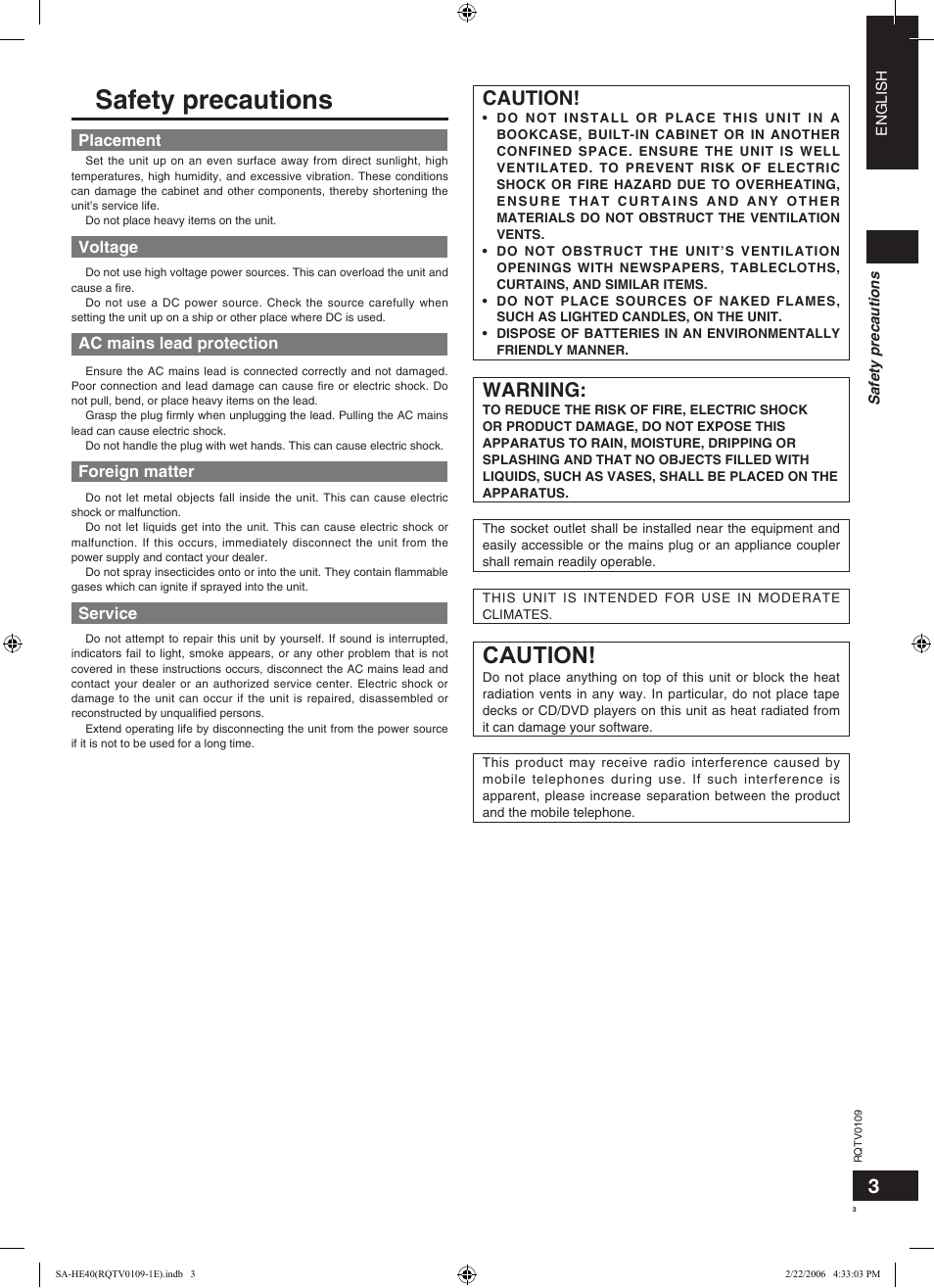 Safety precautions, Caution, Warning | Panasonic SAHE40 User Manual | Page 3 / 68