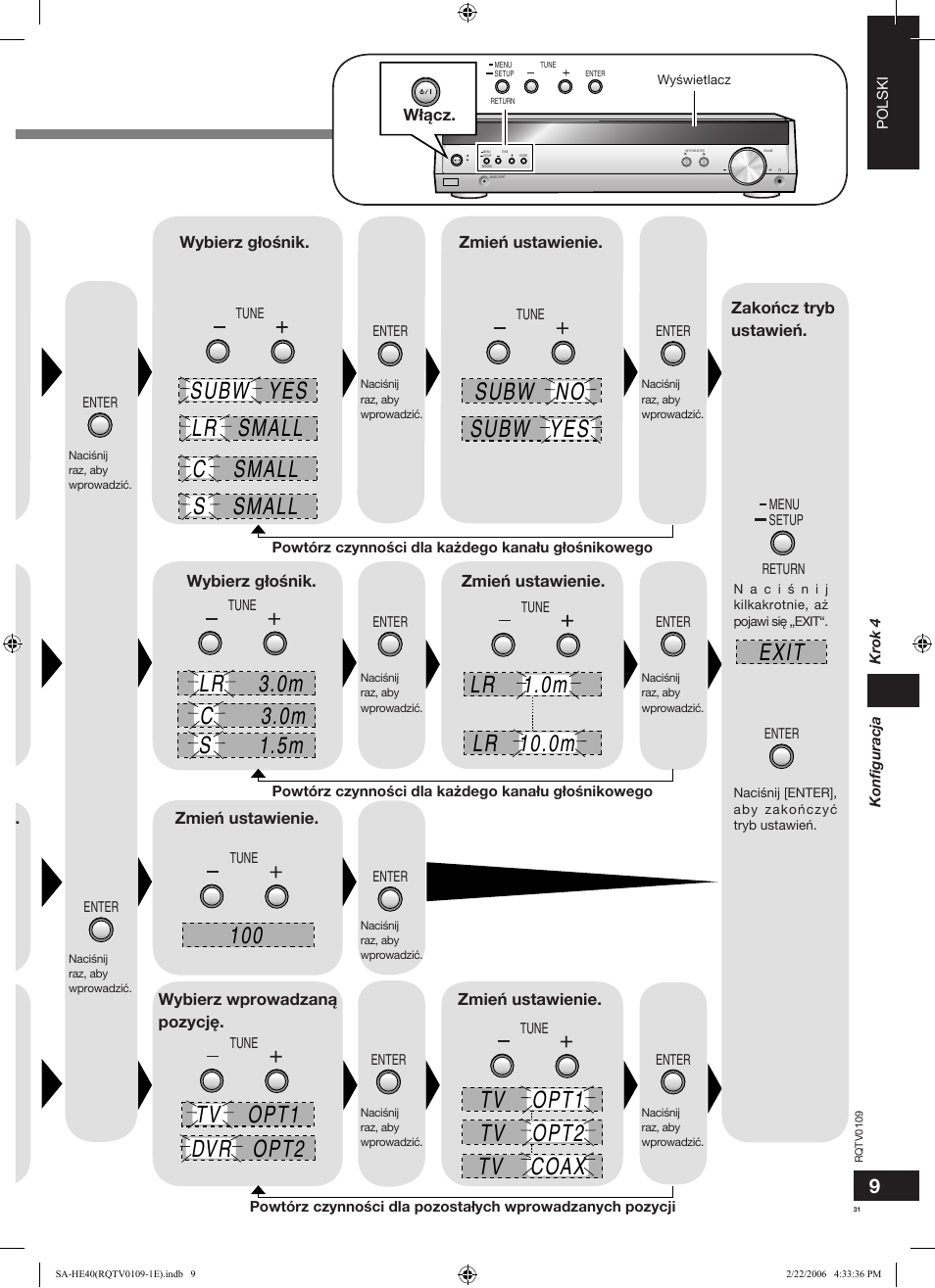 Distance, Filter frq, Dig input | Spk size, Subw no subw yes, Exit | Panasonic SAHE40 User Manual | Page 31 / 68