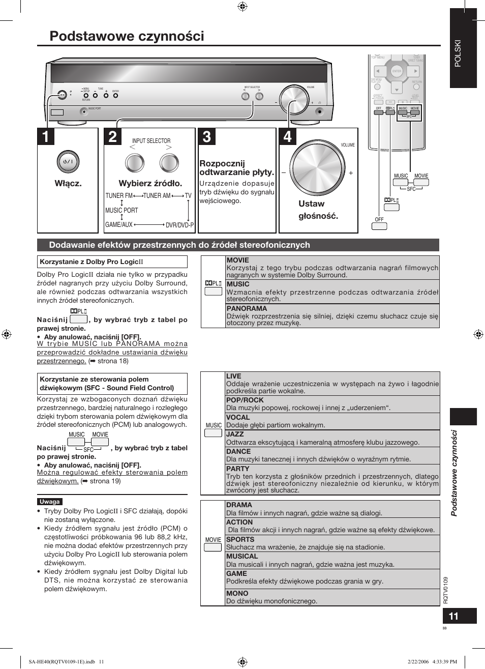 Podstawowe czynności, Ustaw g³ośnośæ, Polski | Panasonic SAHE40 User Manual | Page 33 / 68