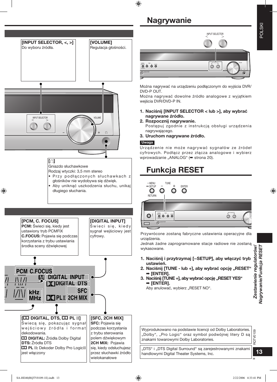 Nagrywanie, Funkcja reset, Digital input digital dts pl 2ch mix sfc | C.focus, Tuned mono sleep pty ps rds pcm st khz mhz | Panasonic SAHE40 User Manual | Page 35 / 68