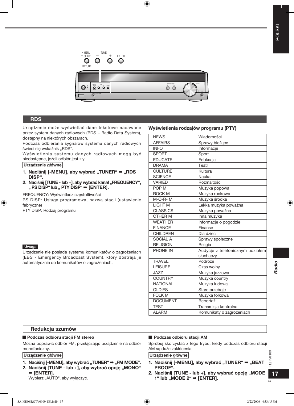 Redukcja szumów | Panasonic SAHE40 User Manual | Page 39 / 68