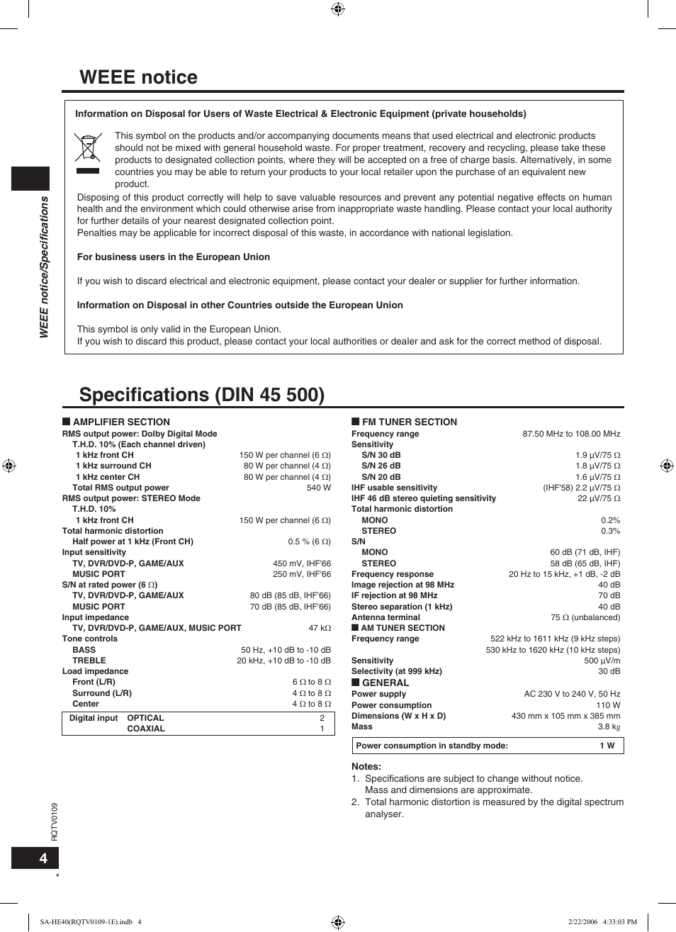 Weee notice/speciﬁcations | Panasonic SAHE40 User Manual | Page 4 / 68