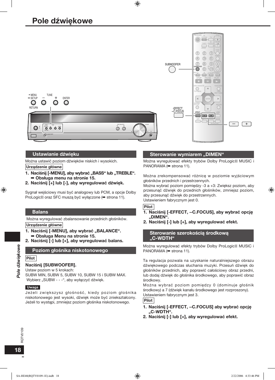Ustawianie dźwiêku, Balans, Poziom g³ośnika niskotonowego | Sterowanie wymiarem „dimen, Sterowanie szerokości¹ środkow¹ „c-wdth, Pole dźwiêkowe, Naciśnij [subwoofer | Panasonic SAHE40 User Manual | Page 40 / 68