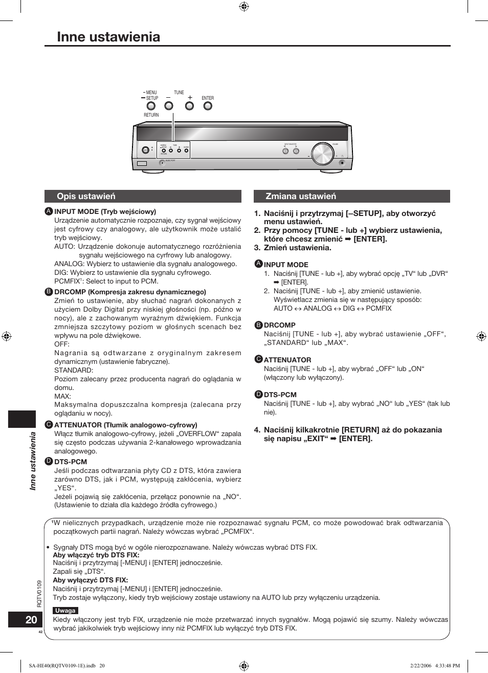 Inne ustawienia, Opis ustawieñ, Zmiana ustawieñ | Panasonic SAHE40 User Manual | Page 42 / 68