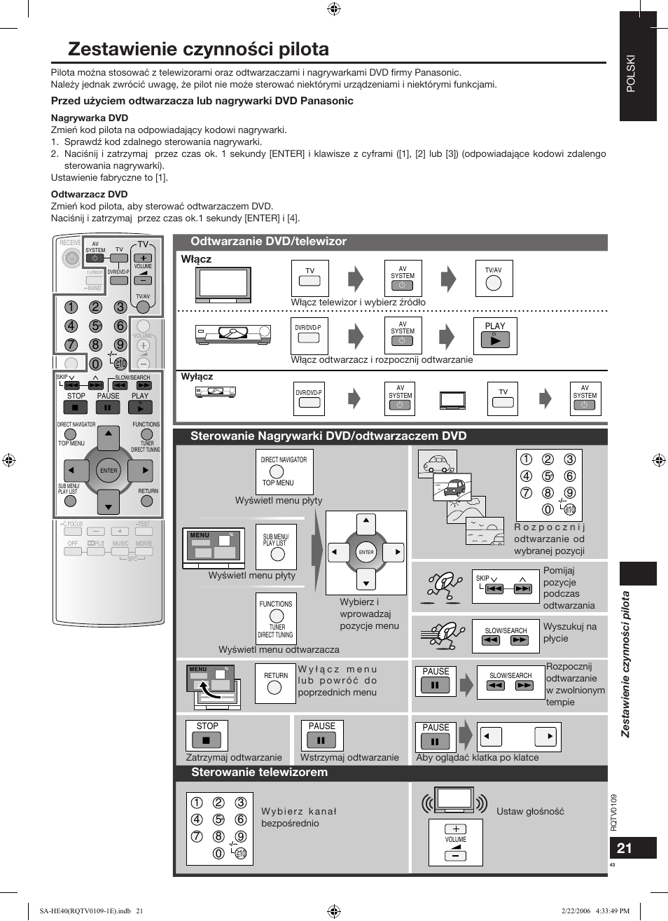 Zestawienie czynności pilota, Odtwarzanie dvd/telewizor, Sterowanie nagrywarki dvd/odtwarzaczem dvd | Sterowanie telewizorem, Polski, W³¹cz | Panasonic SAHE40 User Manual | Page 43 / 68