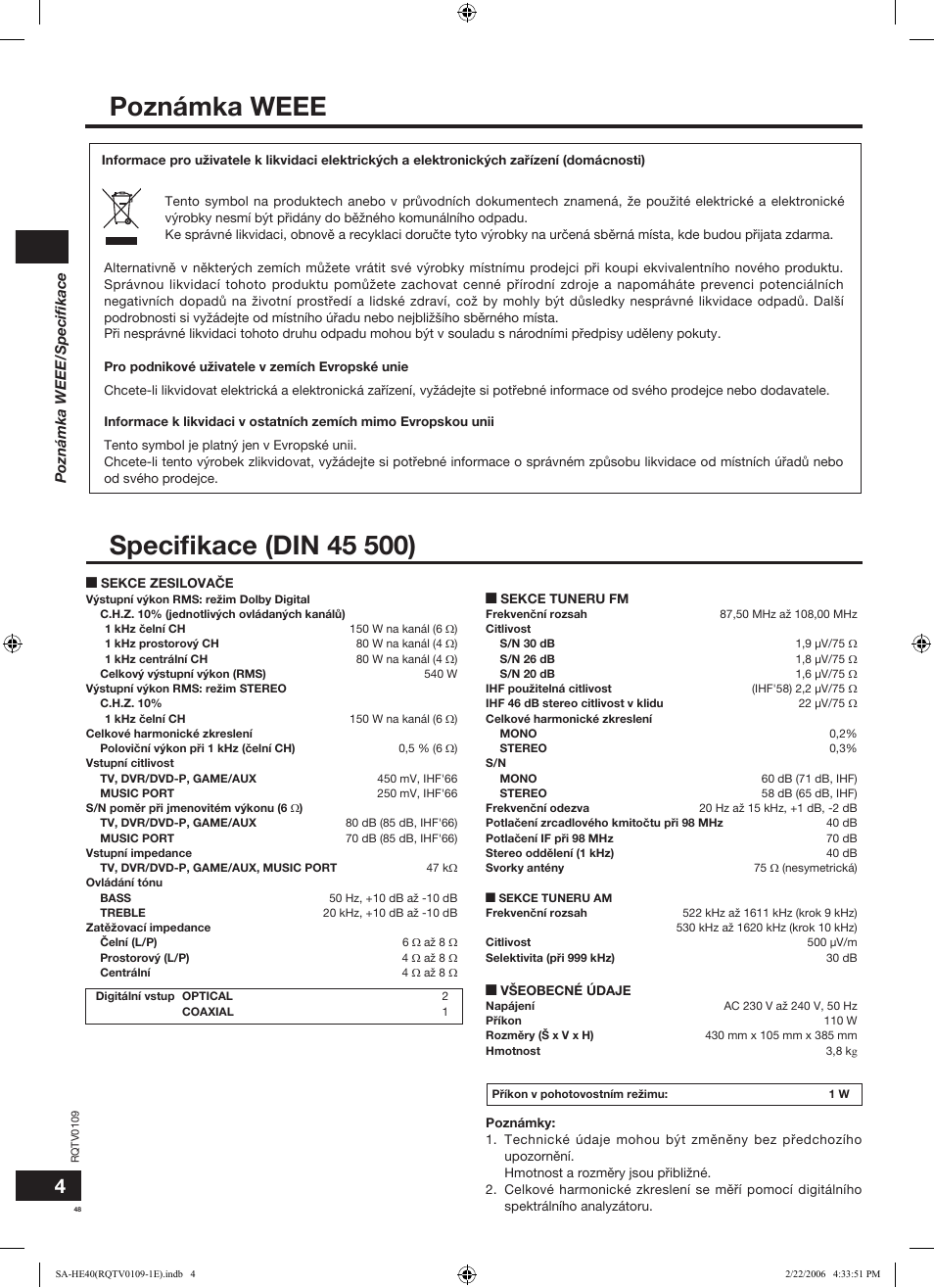 Poznámka weee/speciﬁkace | Panasonic SAHE40 User Manual | Page 48 / 68