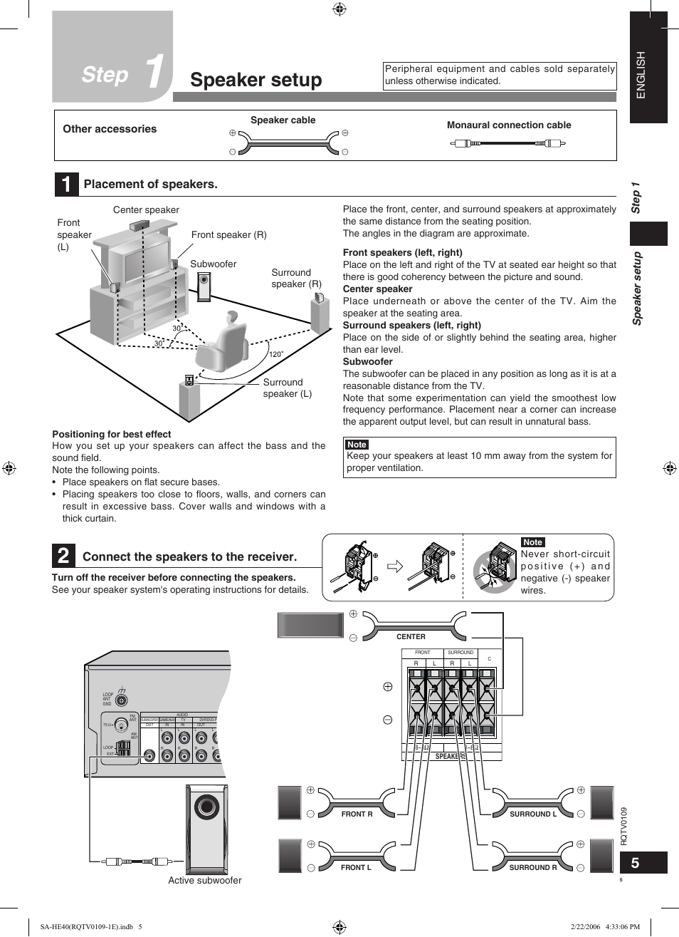 Step, Speaker setup, Placement of speakers | Connect the speakers to the receiver, English, Speaker setup step 1, Other accessories | Panasonic SAHE40 User Manual | Page 5 / 68