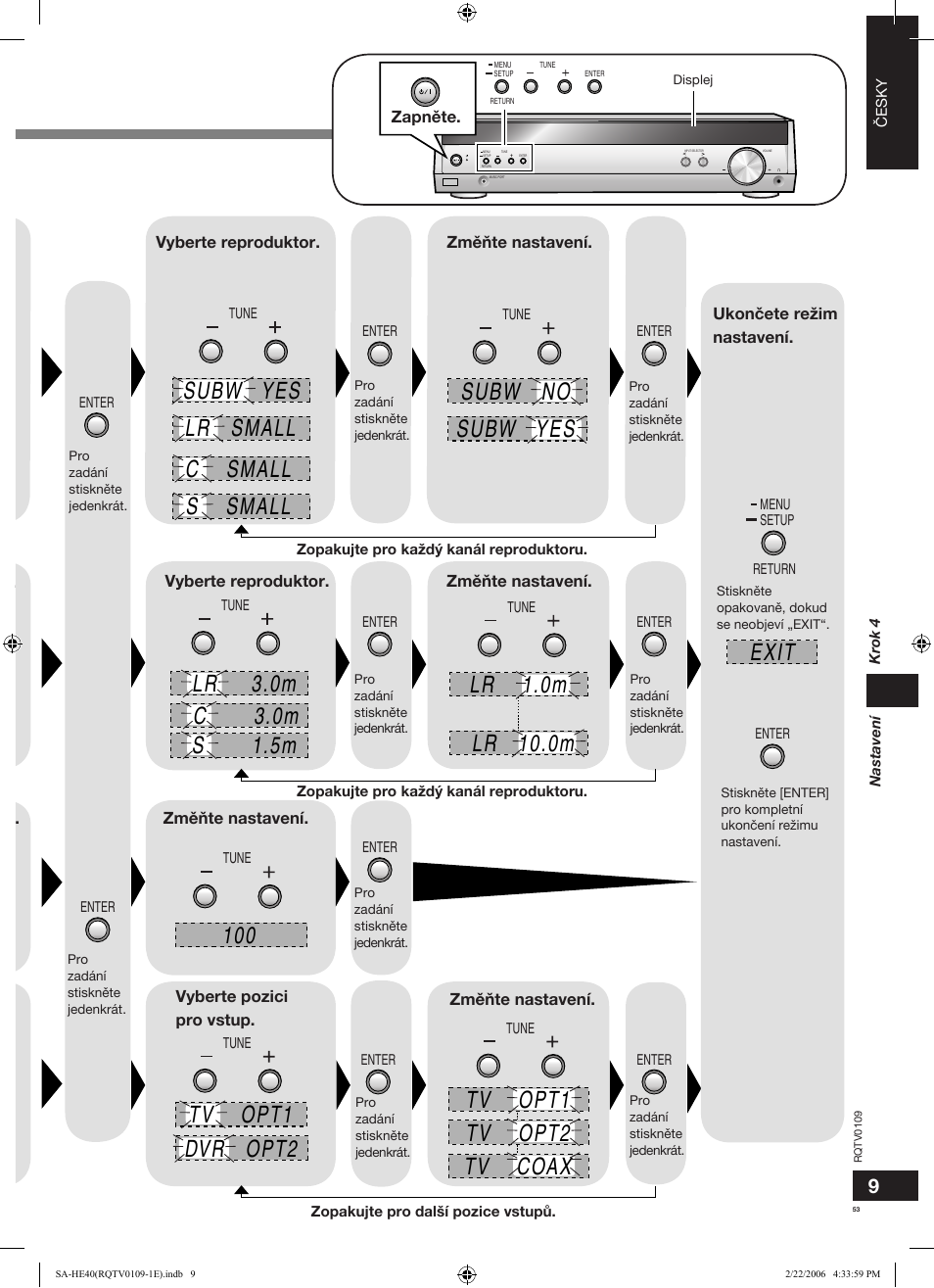 Distance, Filter frq, Dig input | Spk size, Subw no subw yes, Exit | Panasonic SAHE40 User Manual | Page 53 / 68