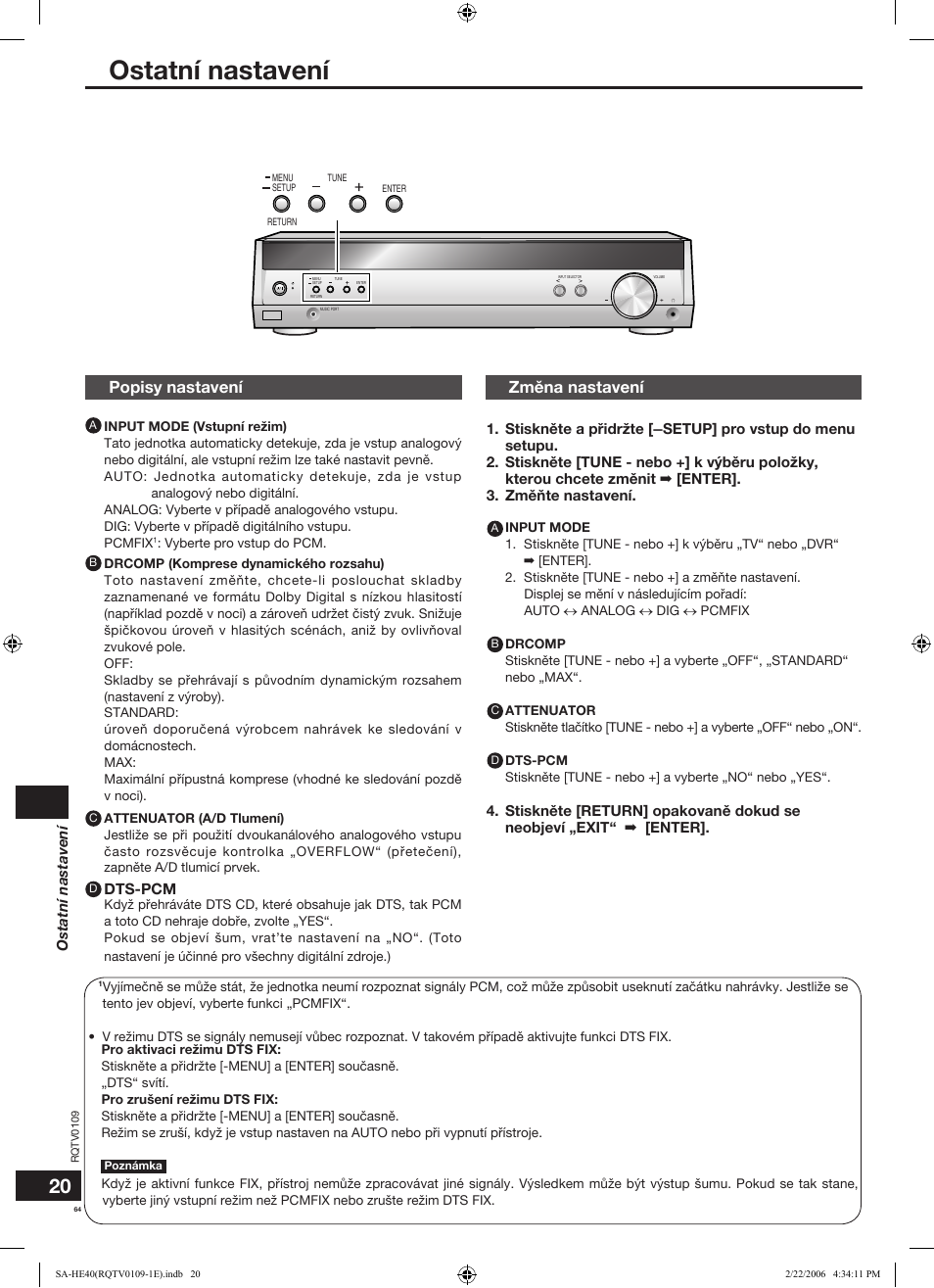 Ostatní nastavení, Popisy nastavení, Zmìna nastavení | Panasonic SAHE40 User Manual | Page 64 / 68