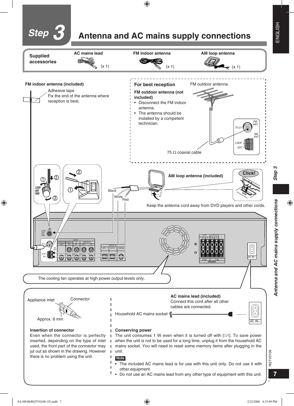 Step, Antenna and ac mains supply connections, English tv (monitor) | Antenna and ac mains supply connections step 3, Click, For best reception, Supplied accessories | Panasonic SAHE40 User Manual | Page 7 / 68