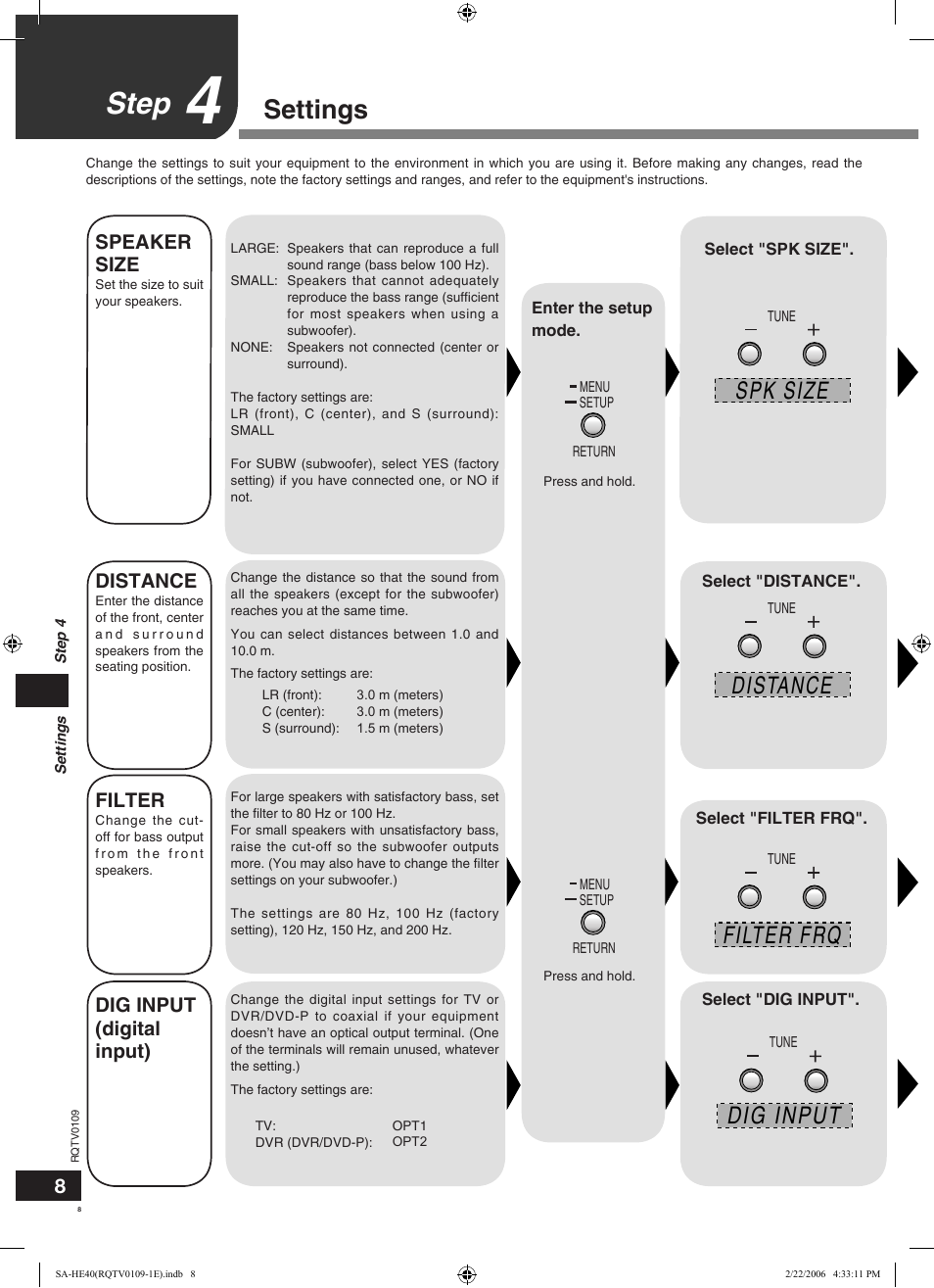 Step, Settings, Distance | Filter frq, Dig input, Spk size, Subw no subw yes, Exit | Panasonic SAHE40 User Manual | Page 8 / 68