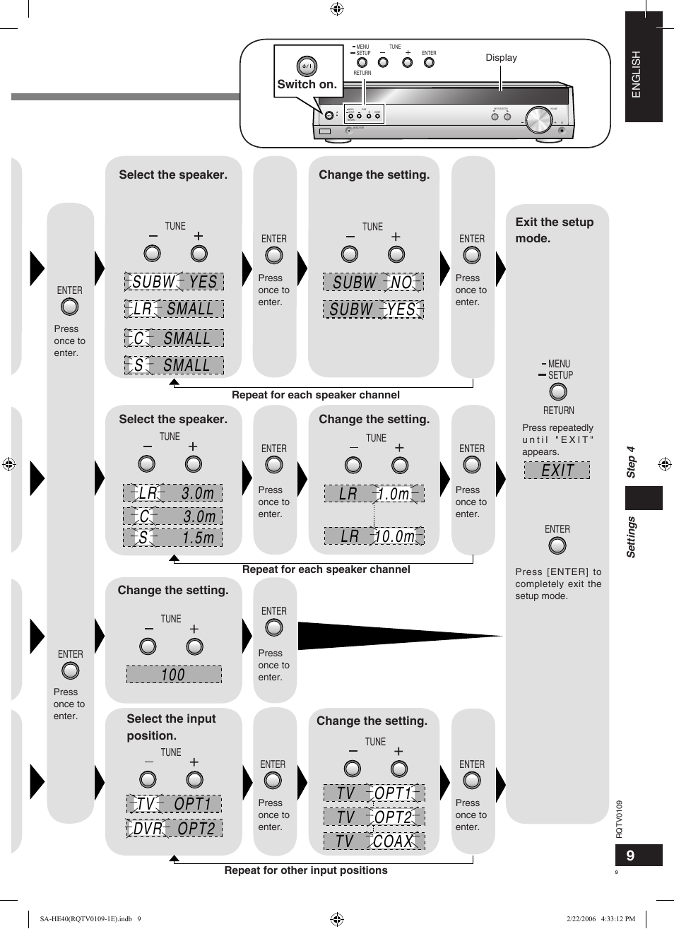 Distance, Filter frq, Dig input | Spk size, Subw no subw yes, Exit | Panasonic SAHE40 User Manual | Page 9 / 68