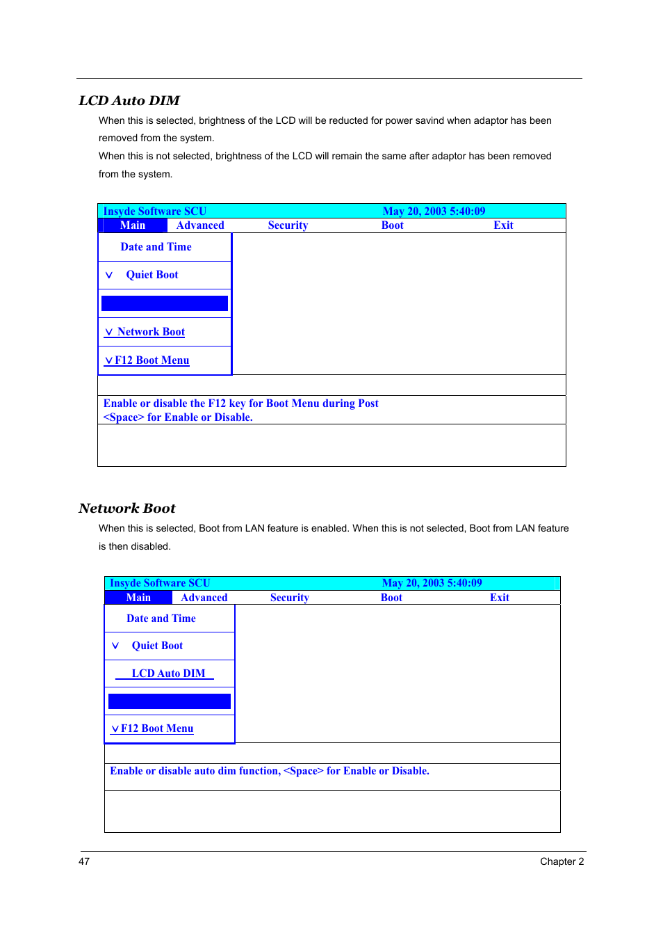 Lcd auto dim, Network boot | Aspire Digital 2010 User Manual | Page 54 / 128