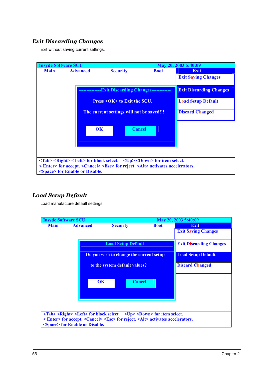 Exit discarding changes, Load setup default | Aspire Digital 2010 User Manual | Page 62 / 128