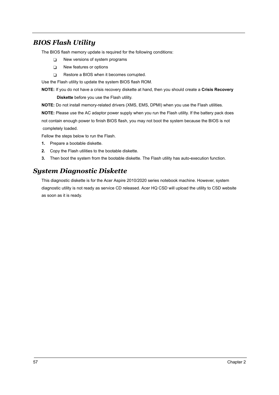 Bios flash utility, System diagnostic diskette | Aspire Digital 2010 User Manual | Page 64 / 128