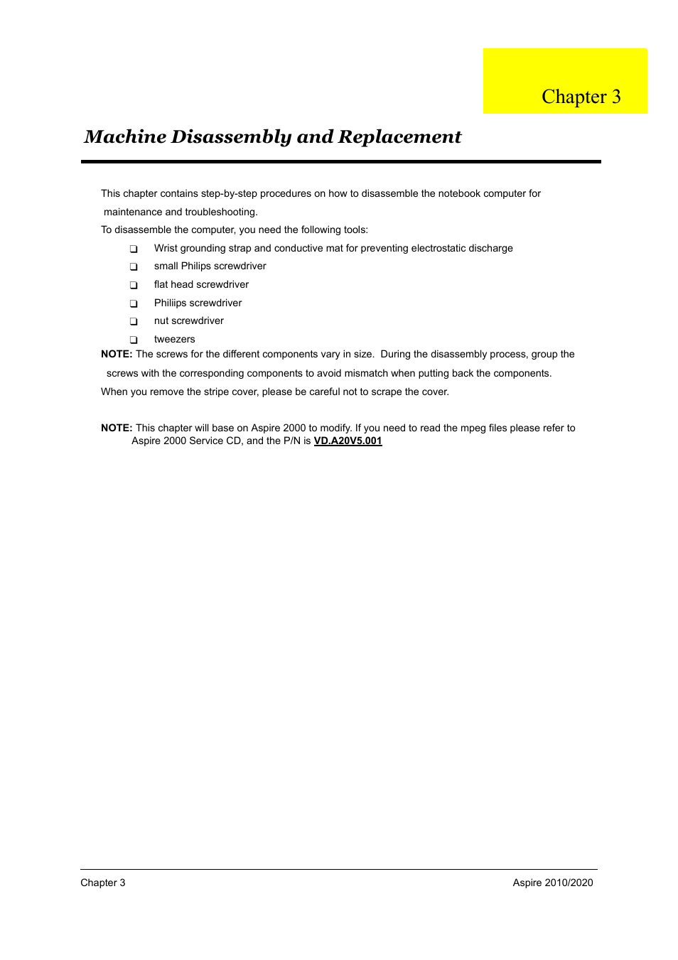 S.g_as2010/2020_ch3, Machine disassembly and replacement, Chapter 3 | Aspire Digital 2010 User Manual | Page 65 / 128