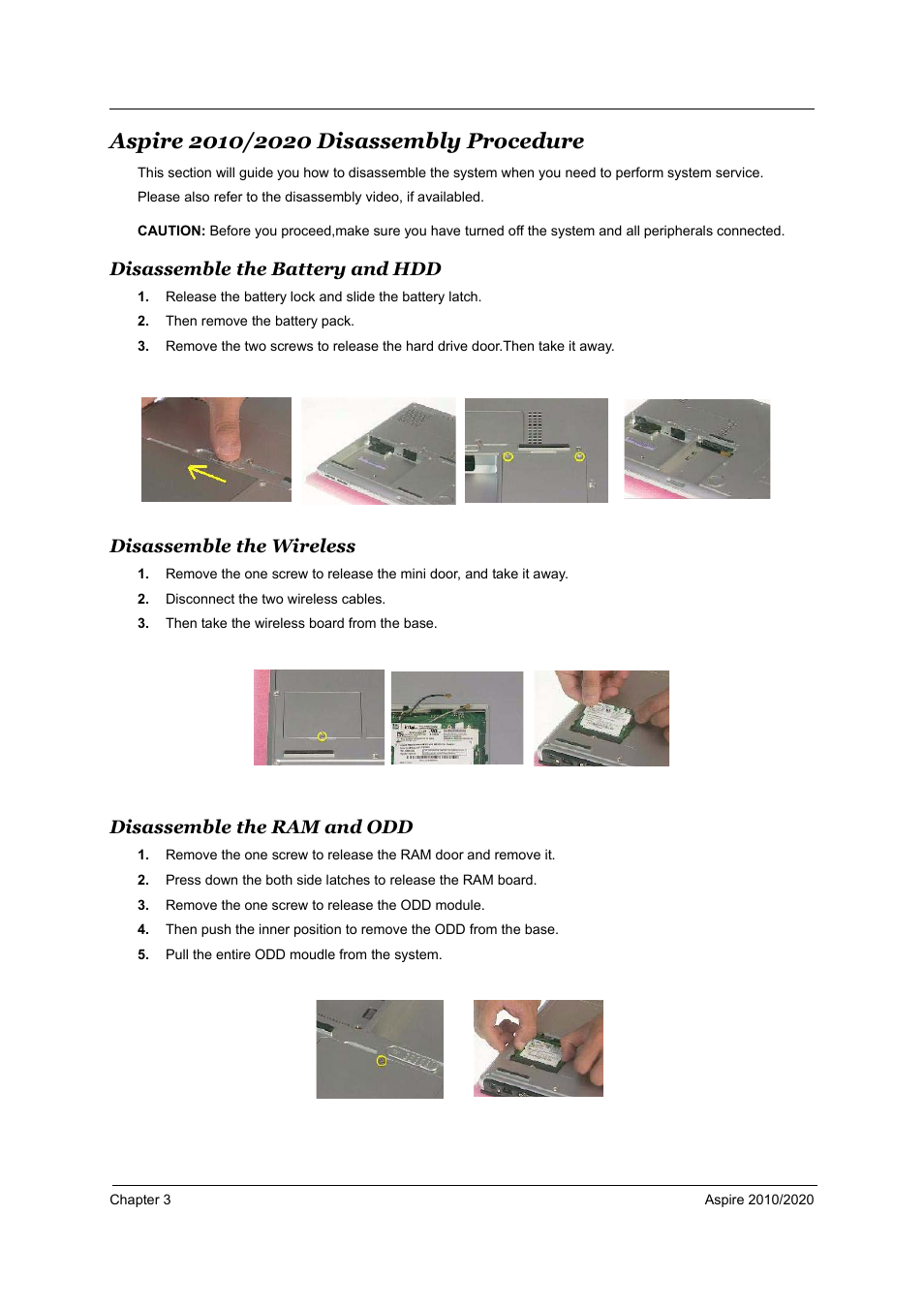 Aspire 2010/2020 disassembly procedure, Disassemble the battery and hdd, Disassemble the wireless | Disassemble the ram and odd | Aspire Digital 2010 User Manual | Page 69 / 128