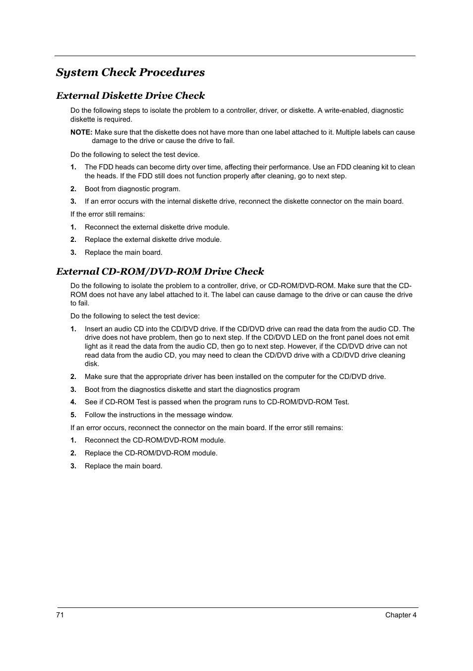 System check procedures, External diskette drive check, External cd-rom/dvd-rom drive check | Aspire Digital 2010 User Manual | Page 78 / 128