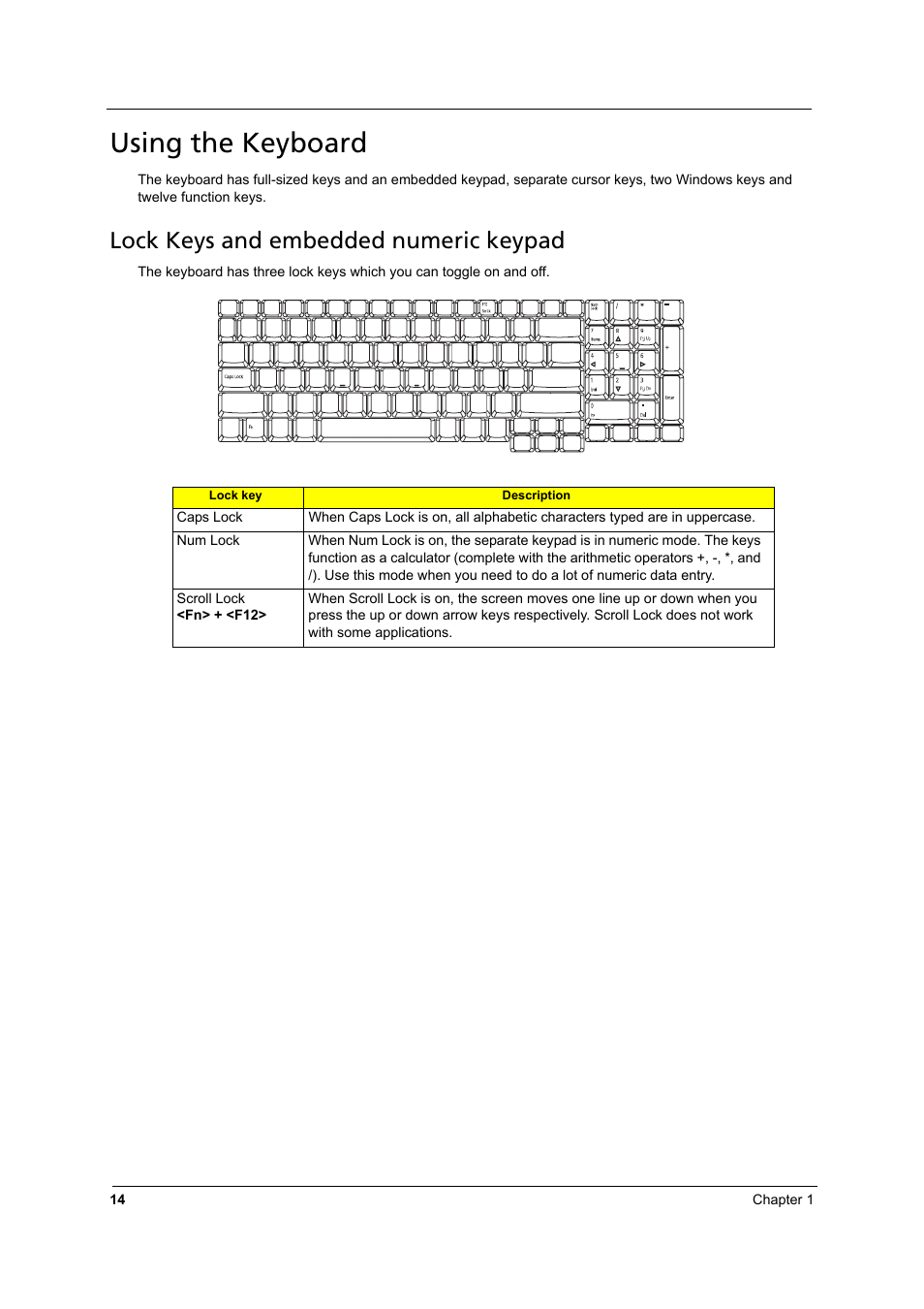 Using the keyboard, Lock keys and embedded numeric keypad | Aspire Digital 8930 User Manual | Page 20 / 118