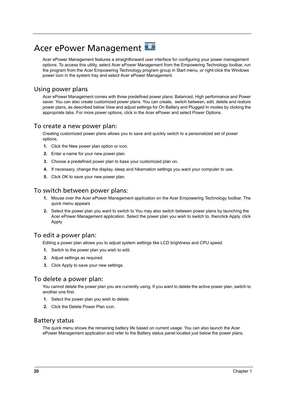 Acer epower management, Using power plans, Battery status | Aspire Digital 8930 User Manual | Page 26 / 118