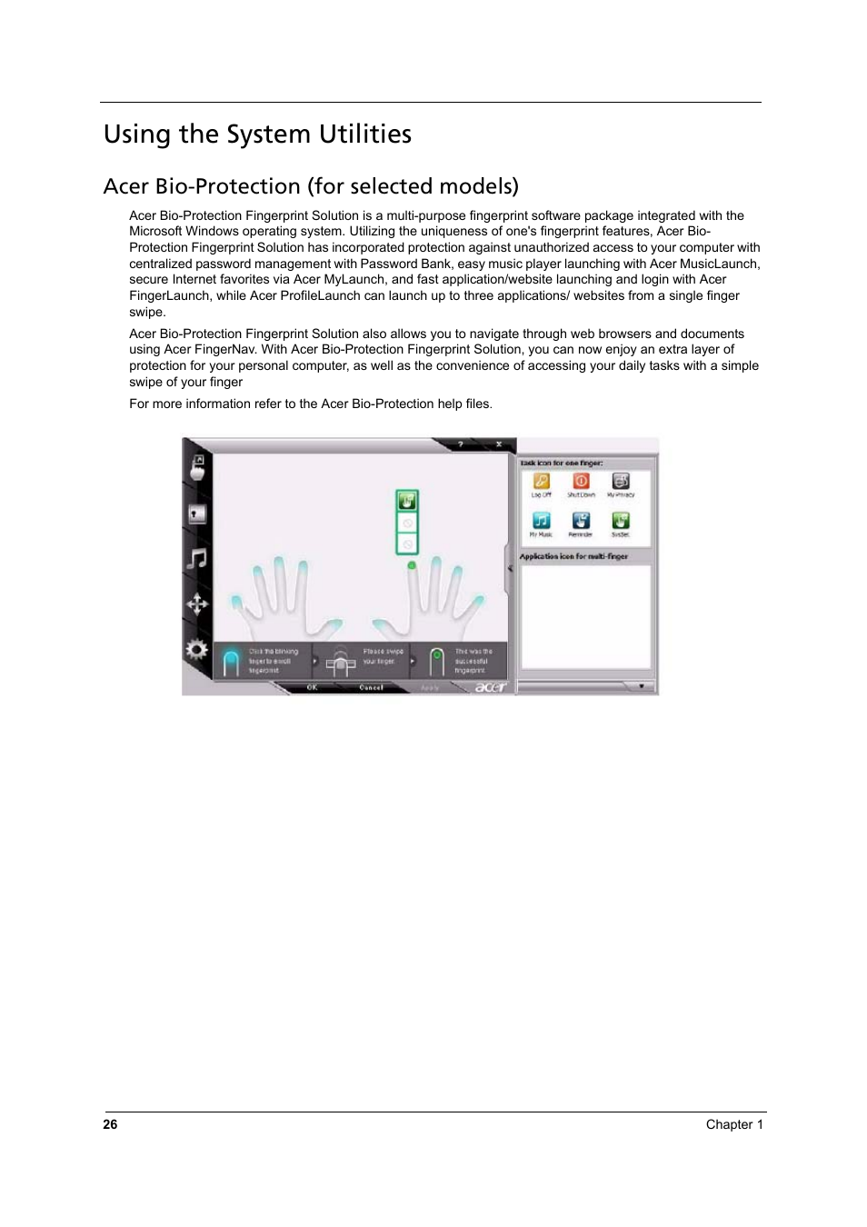 Using the system utilities, Acer bio-protection (for selected models) | Aspire Digital 8930 User Manual | Page 32 / 118