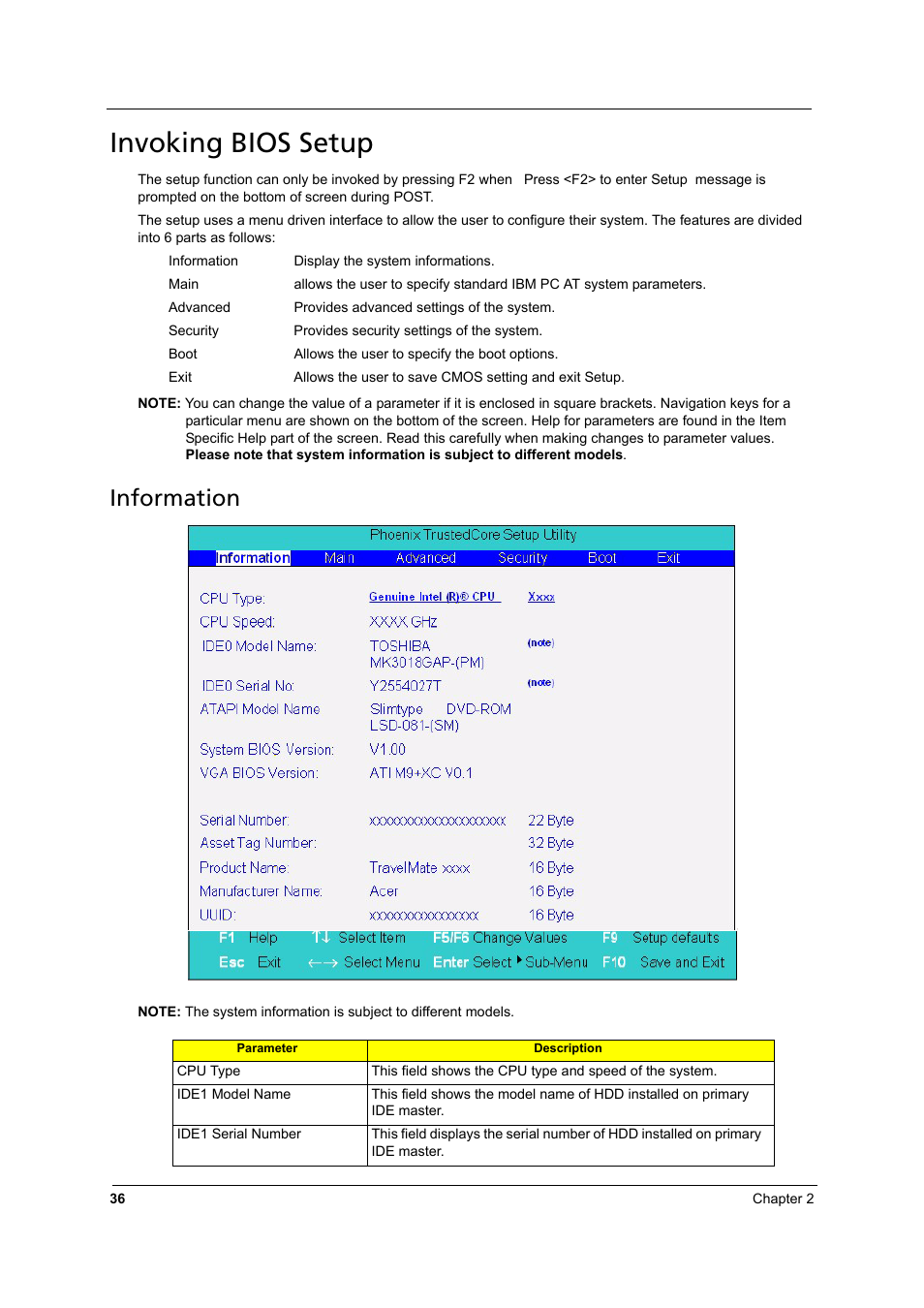 Invoking bios setup, Information | Aspire Digital 8930 User Manual | Page 42 / 118