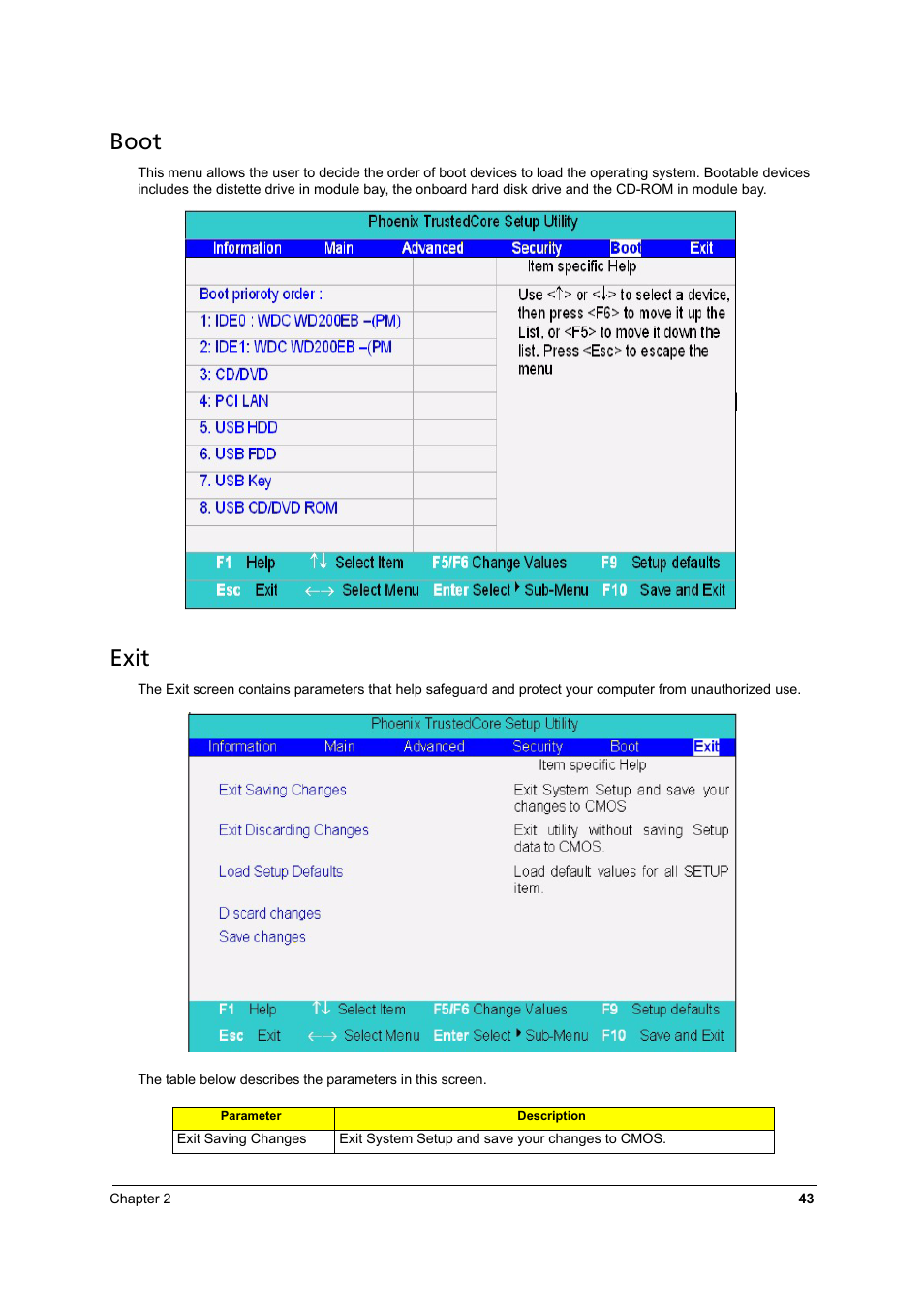 Boot, Exit | Aspire Digital 8930 User Manual | Page 49 / 118