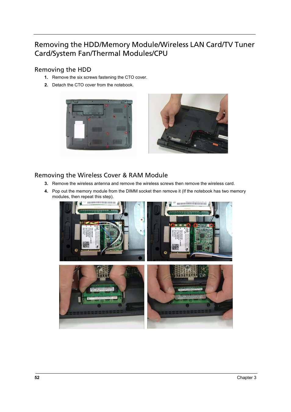 Removing the hdd, Removing the wireless cover & ram module | Aspire Digital 8930 User Manual | Page 58 / 118