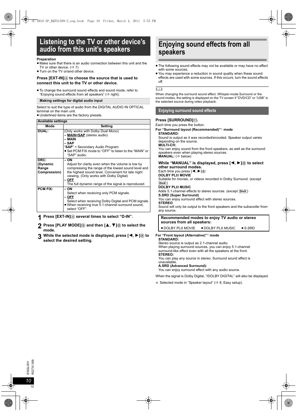 Enjoying sound effects from all speakers | Panasonic SCXH10EP User Manual | Page 10 / 78