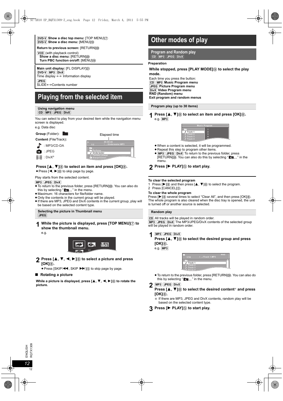 Playing from the selected item, Other modes of play | Panasonic SCXH10EP User Manual | Page 12 / 78