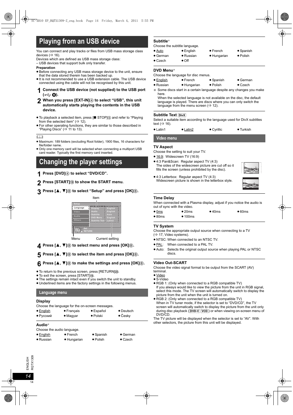 Playing from an usb device, Changing the player settings | Panasonic SCXH10EP User Manual | Page 14 / 78