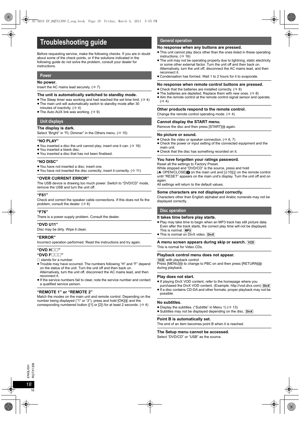 Troubleshooting guide | Panasonic SCXH10EP User Manual | Page 18 / 78