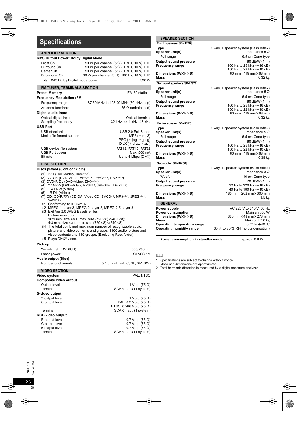 Specifications | Panasonic SCXH10EP User Manual | Page 20 / 78