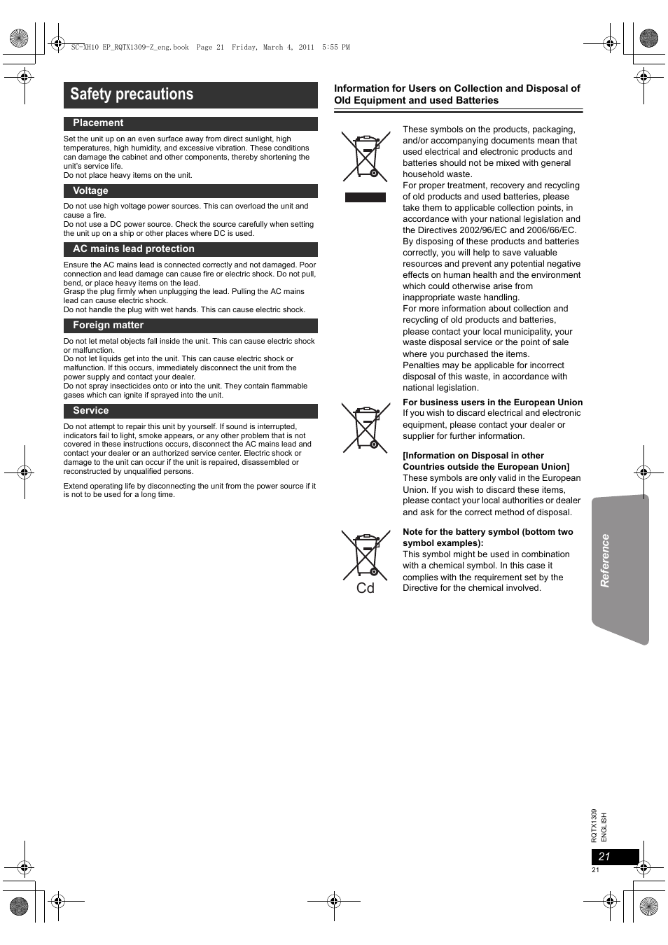 Safety precautions | Panasonic SCXH10EP User Manual | Page 21 / 78