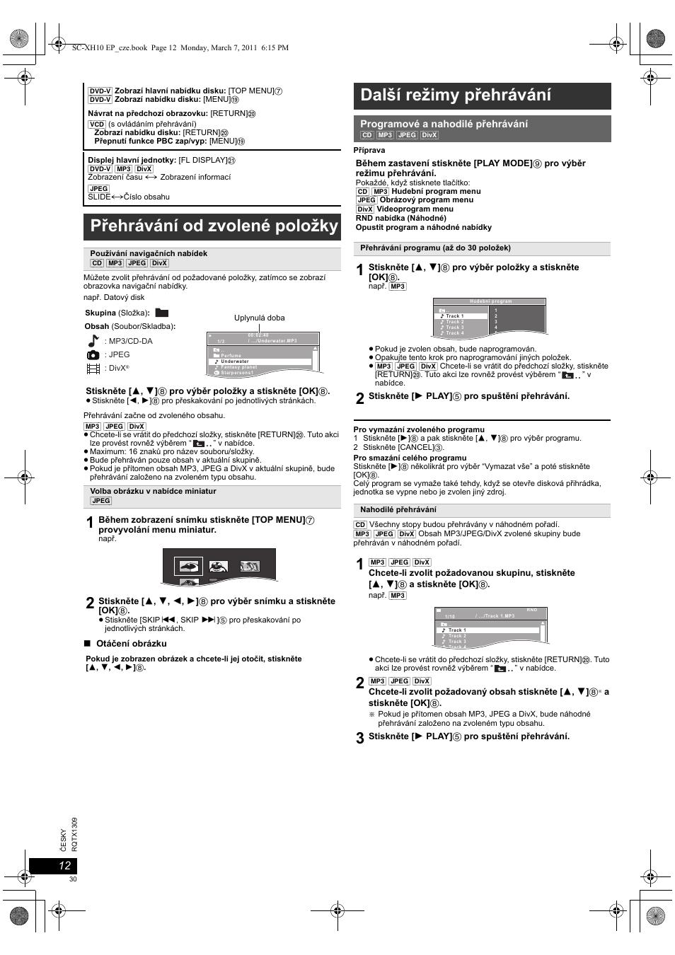 Přehrávání od zvolené položky, Další režimy přehrávání | Panasonic SCXH10EP User Manual | Page 30 / 78