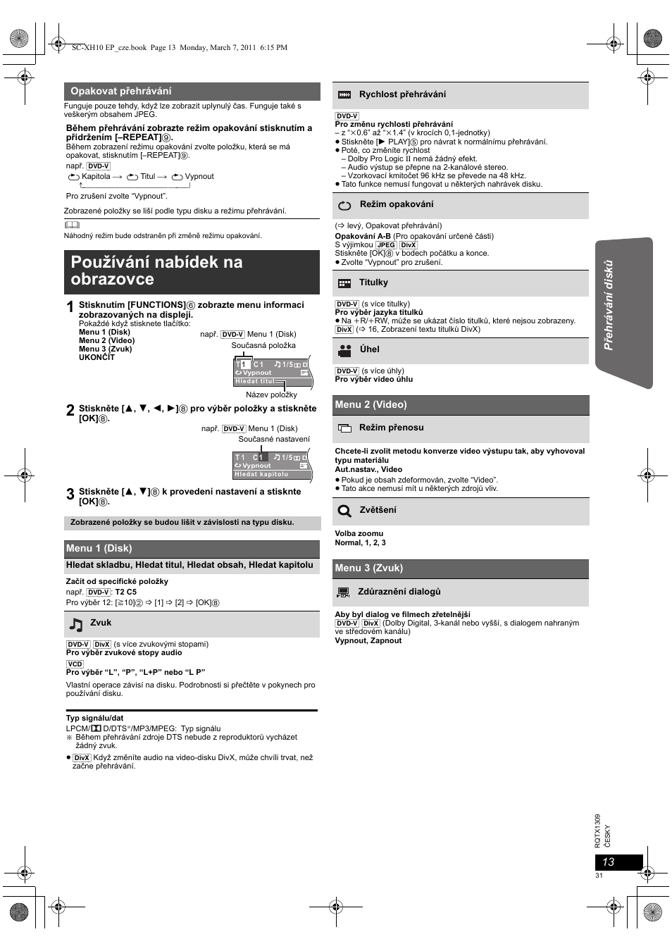 Používání nabídek na obrazovce | Panasonic SCXH10EP User Manual | Page 31 / 78