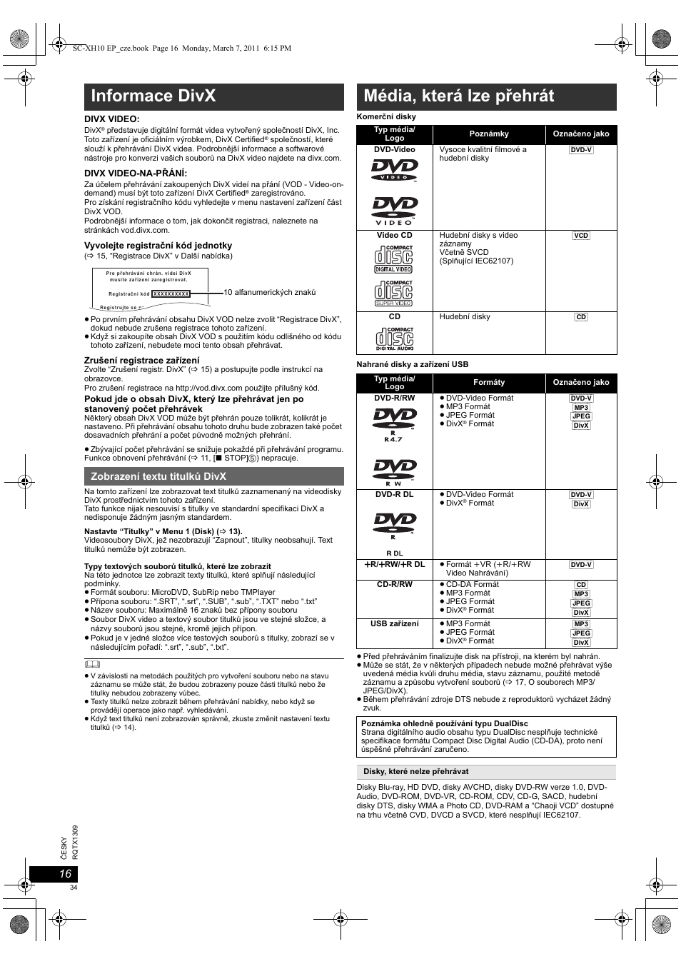Informace divx, Média, která lze přehrát | Panasonic SCXH10EP User Manual | Page 34 / 78