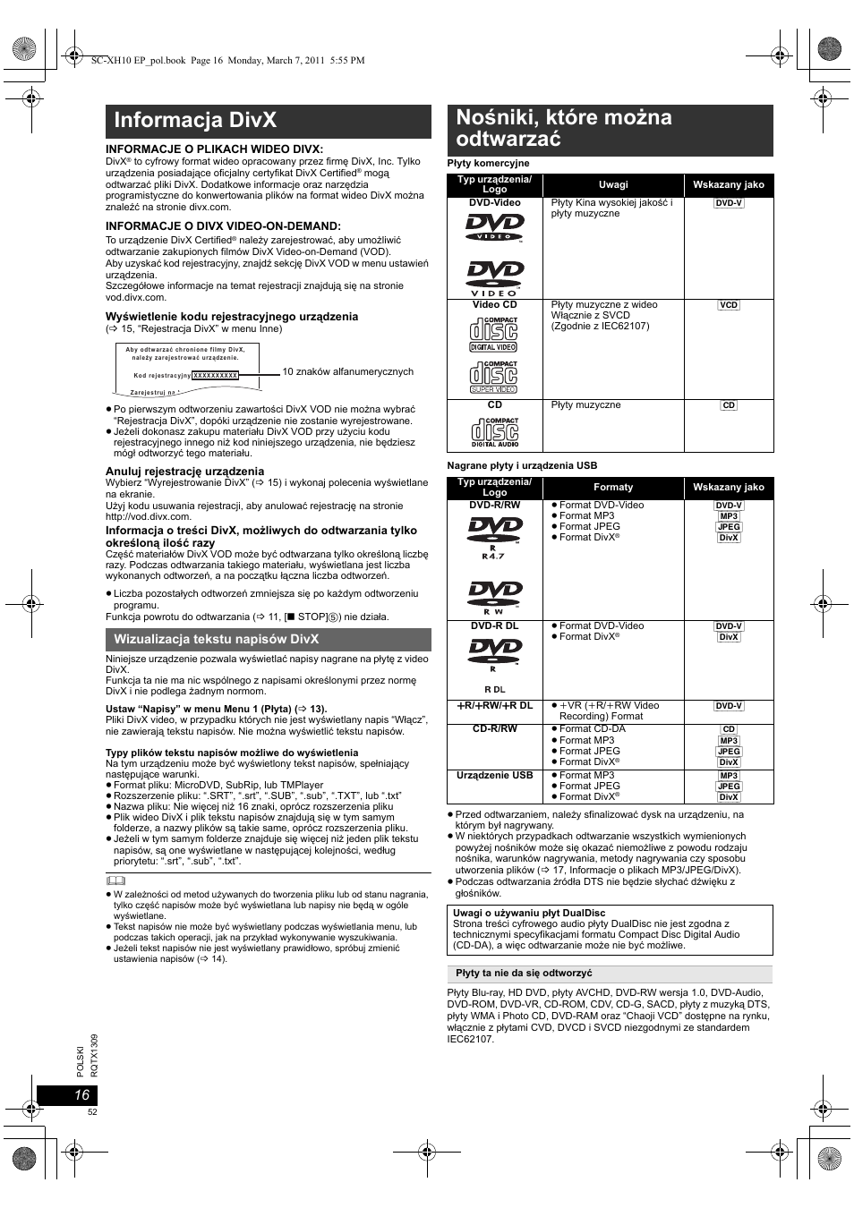 Informacja divx, Nośniki, które można odtwarzać | Panasonic SCXH10EP User Manual | Page 52 / 78