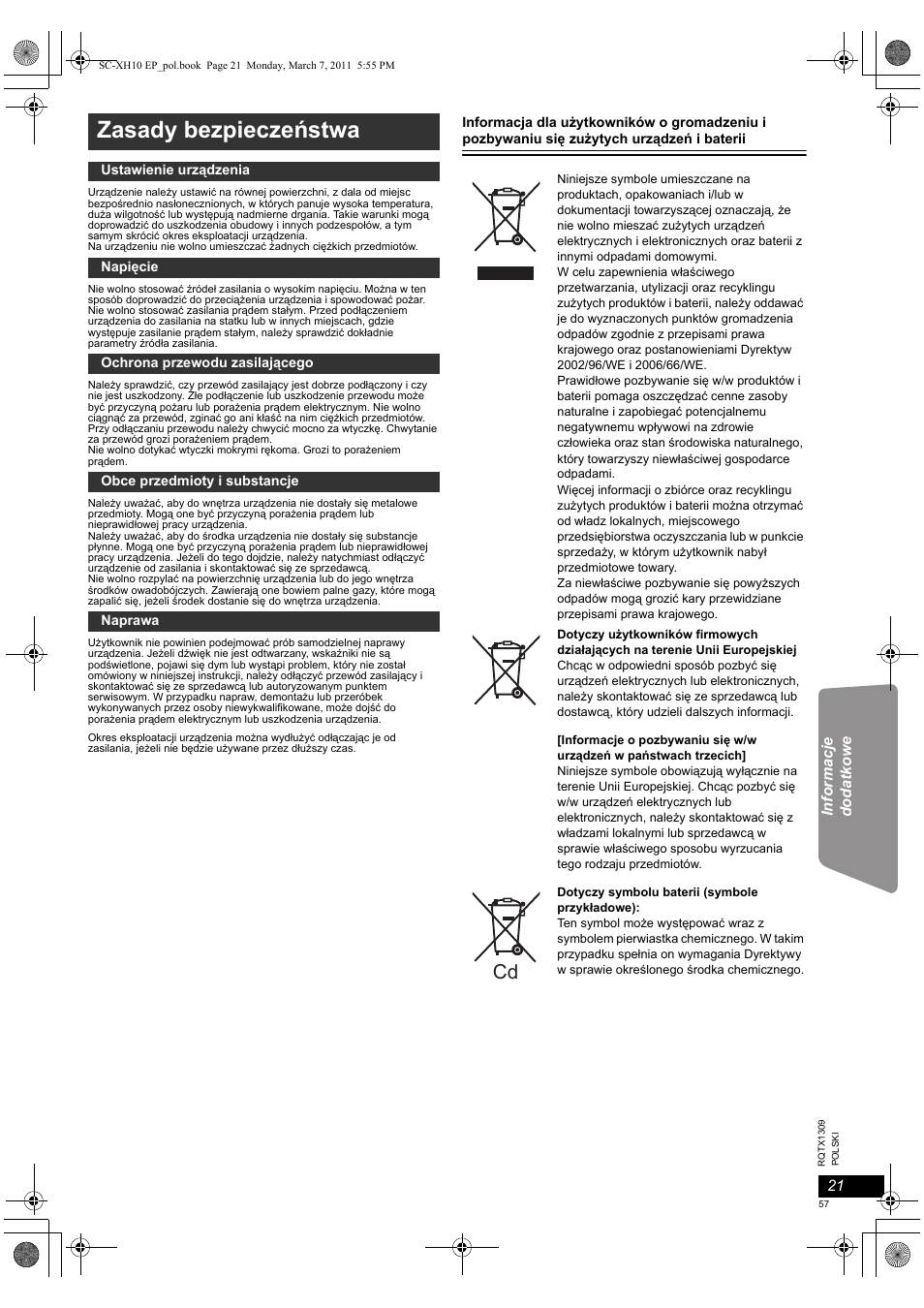Zasady bezpieczeństwa | Panasonic SCXH10EP User Manual | Page 57 / 78