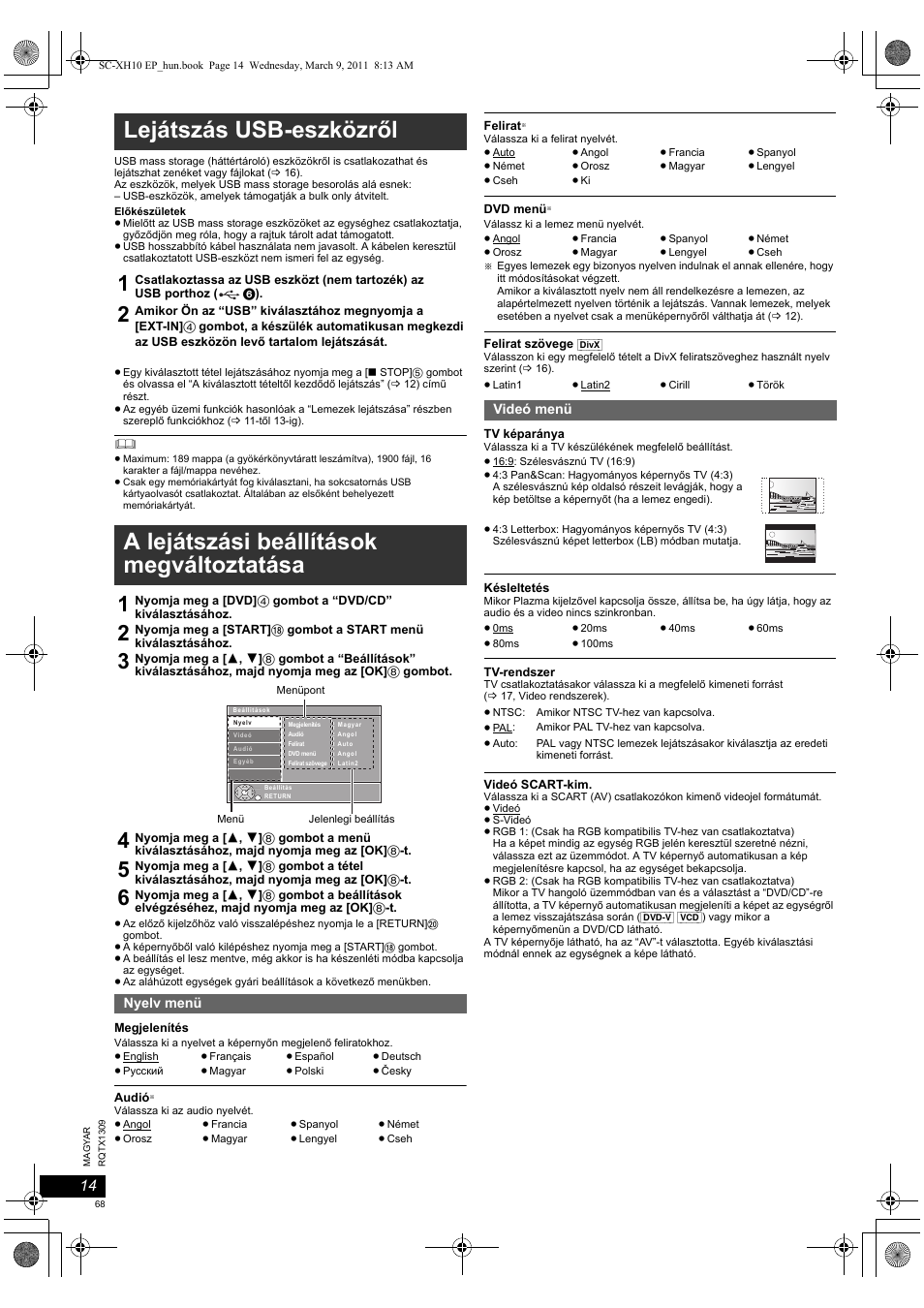 Lejátszás usb-eszközről, A lejátszási beállítások megváltoztatása | Panasonic SCXH10EP User Manual | Page 68 / 78