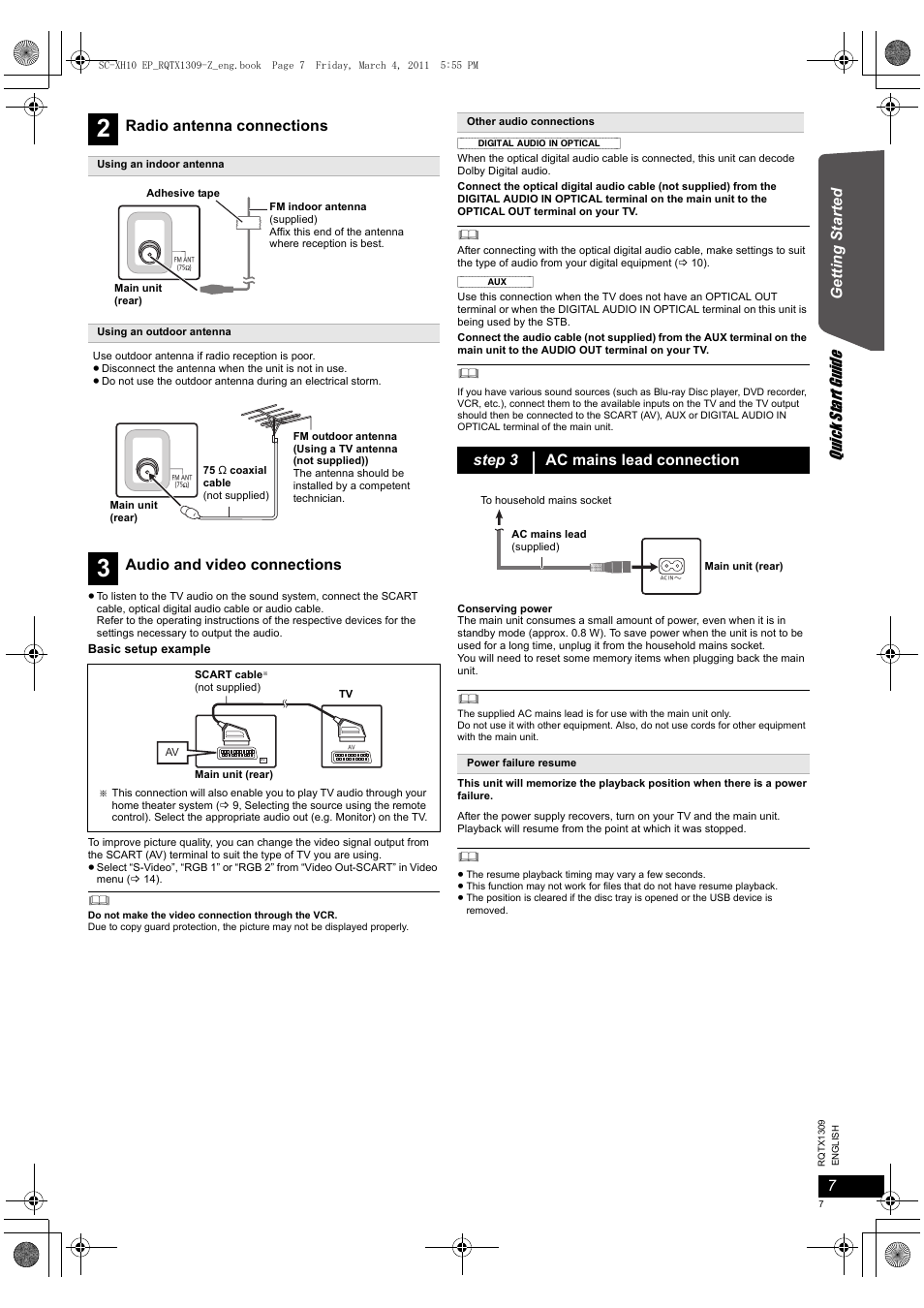 Quick start gu ide, Getting s tarted, Radio antenna connections | Audio and video connections, Step 3 ac mains lead connection | Panasonic SCXH10EP User Manual | Page 7 / 78