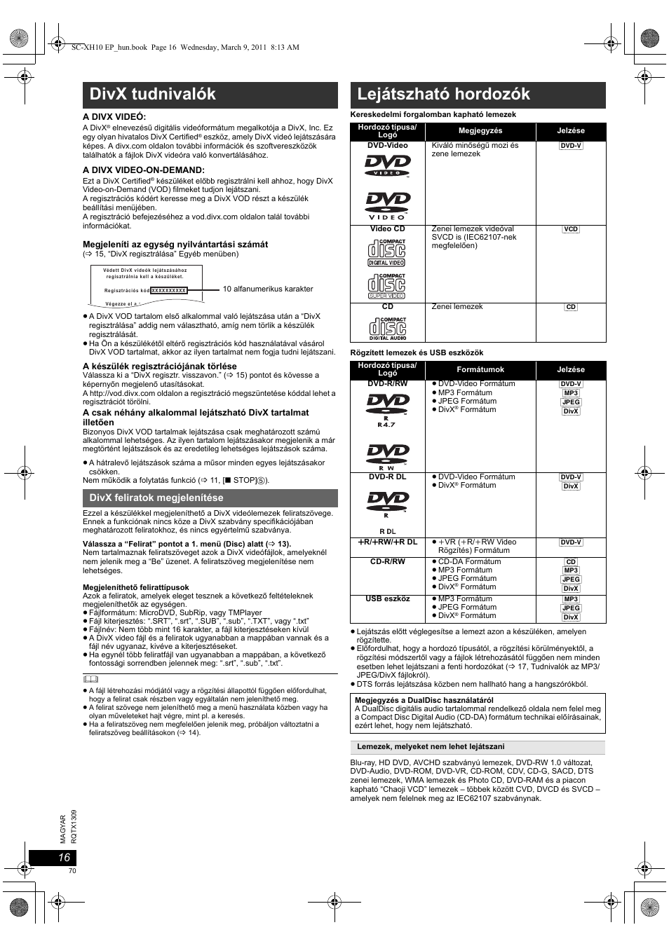 Divx tudnivalók, Lejátszható hordozók | Panasonic SCXH10EP User Manual | Page 70 / 78