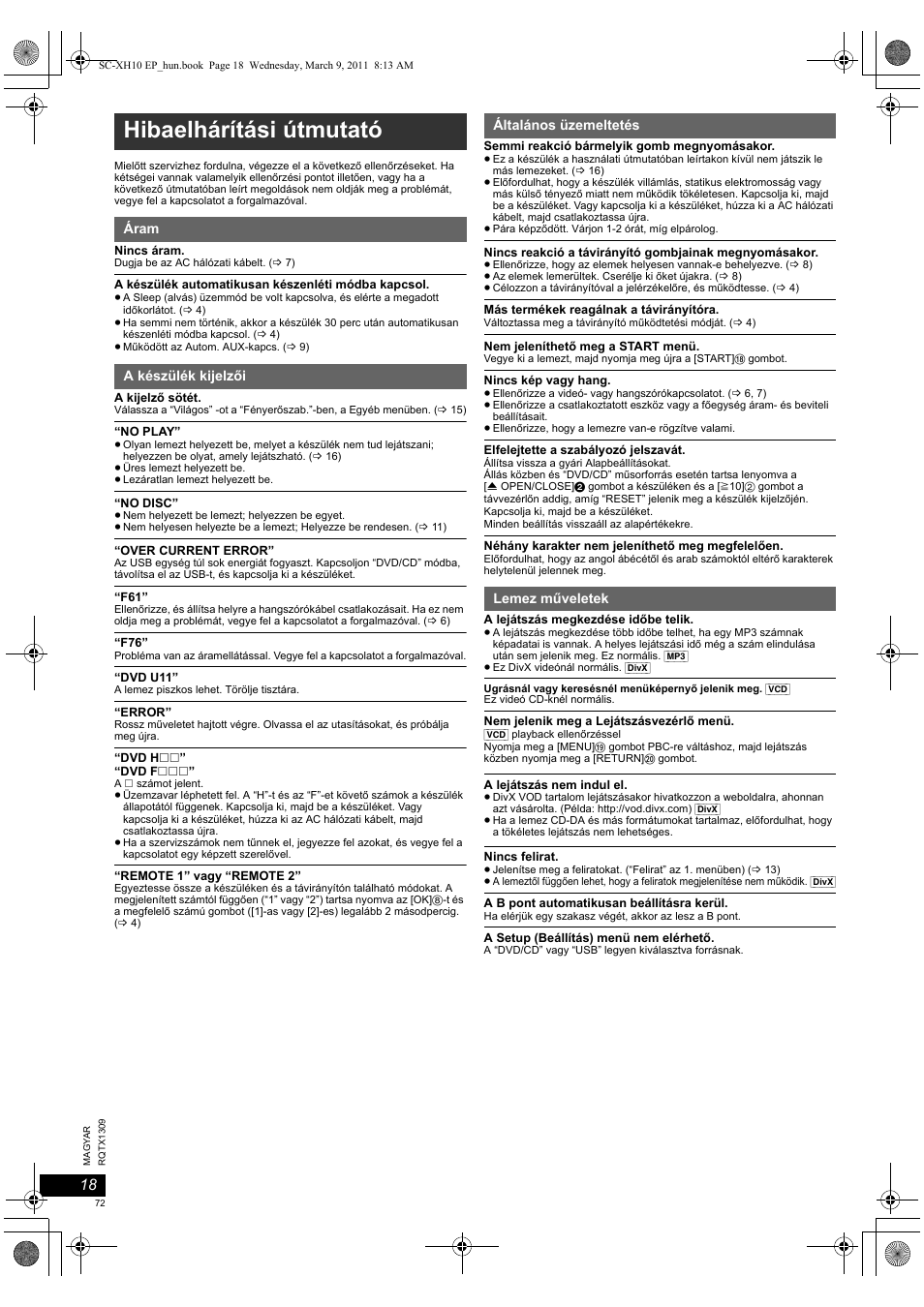 Hibaelhárítási útmutató | Panasonic SCXH10EP User Manual | Page 72 / 78