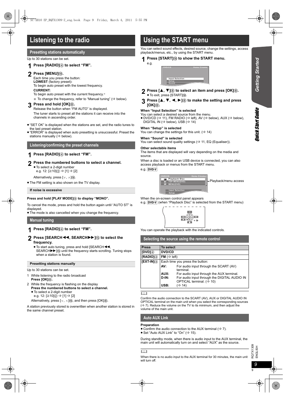 Listening to the radio, Using the start menu, Quick start gu ide | Panasonic SCXH10EP User Manual | Page 9 / 78